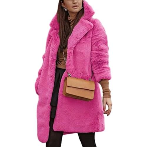 Women Red Fake Fur Long Teddy Coat Autumn Female Long Sleeve Overcoat Elegant Ladies Turn Collar Warm Parka Girls 2021