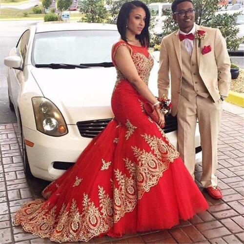 JIERUIZE Red Gold Lace Appliques Mermaid Wedding Dresses Crystals Luxury Bridal Gowns Vestido de Novia Real Dress