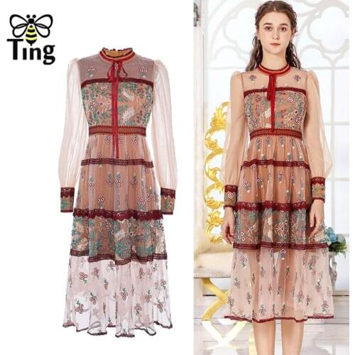 Tingfly Summer Runway Luxury Party Dinner Dresses Flower Embroidery High Waist A Line Women Dress Large Size Haut Robes Clothing
