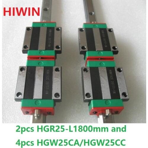 2pcs 100% original Hiwin linear rail guide HGR25 -L 1800mm + 4pcs HGW25CA HGW25CC flanged block for cnc router