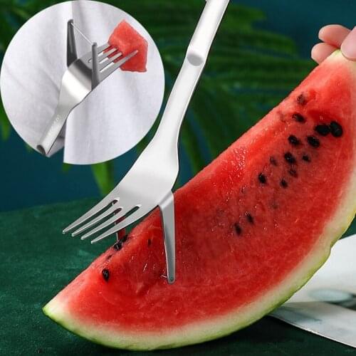 2-in-1 Watermelon Fork Slicer Cutter Tongs Corer Fruit Melon Stainless Steel Tools Watermelon Cut Refreshing Watermelon Cubes