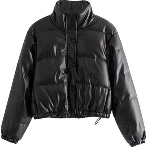 2021 Winter Thick Warm Short Parkas Women Fashion Black PU Leather Coats Women Elegant Zipper Cotton Jackets Female Ladies