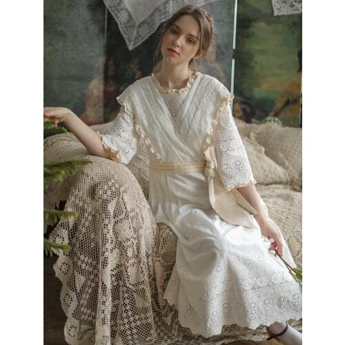 Free Shipping 2020 New Princess Style Womens Vintage Long Nightgown White Cotton Sleepwear Lace Very Soft Dress Vintage Pijamas