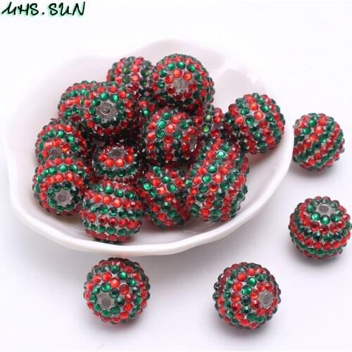 MHS.SUN 18mm/20mm/22mm Red+Green stripe beads chunky resin rhinestones beads for handmade necklace jewelry loose ball beads 50pc