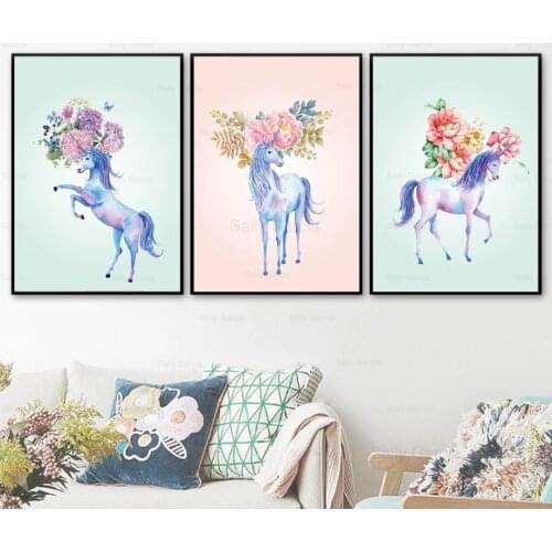 Color Background Poster Head Flower Horse Canvas Painting Art Wallpaper Retro Print Picture Nordic Craft Decoration Home