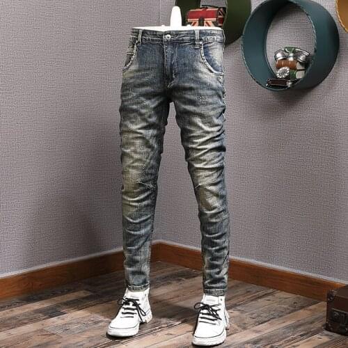 Italian Style Fashion Men Jeans Retro Dark Blue Elastic Slim Fit Ripped Jeans Men Vintage Designer Distressed Casual Denim Pants