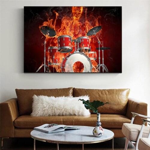 Red Flame Skull Drum Drummer Poster Modern Colorful Guitar and Violin Canvas Painting Retro Wall Pictures for Bedroom Home Decor