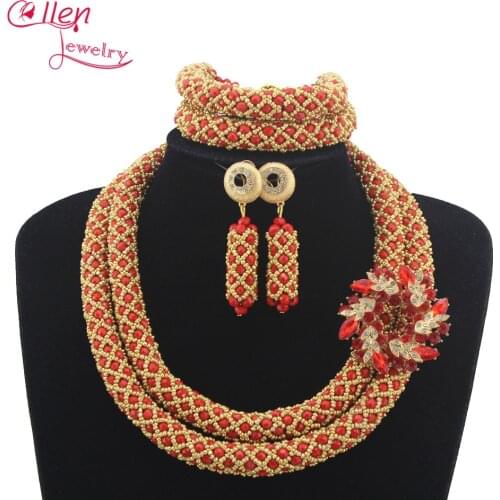 Latest Fashion Red African Beads jewelry Set Nigerian Wedding beads Crystal Flower Brooches Jewelry Set Free Shipping W12811