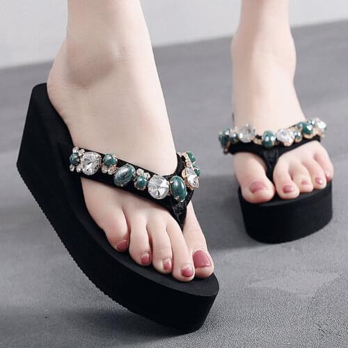 New Fashion Crystal Platform Women Slippers Lady Sexy Rhinestone Wedge Flip flop mid heel Beach Sandals Wild Shoes women hh39