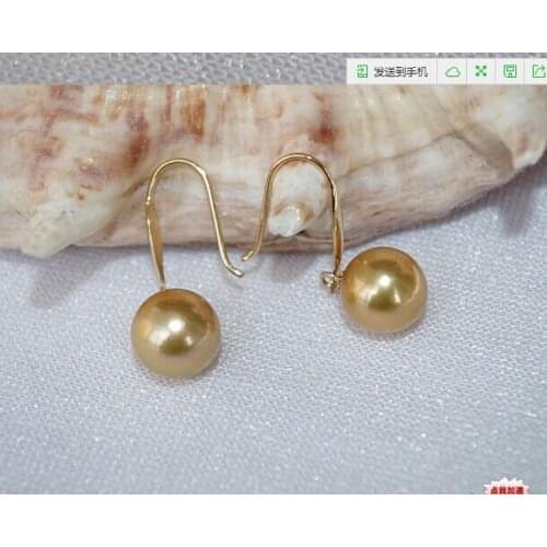 Charming pair of 10-11mm natural south sea genuine gold pearl earring AAA