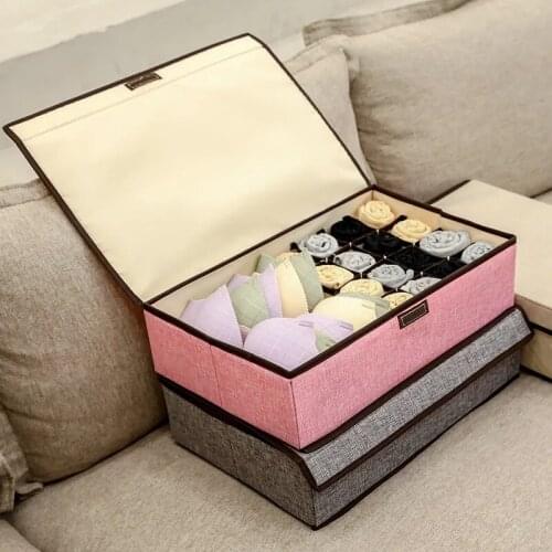 Solid Color Underwear Storage Box Bra Panties Socks Dustproof Finishing Box Compartmentalized Folding Washable Linen Storage Box