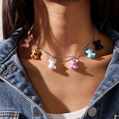 Korean Cute 6 Colors Tassel Bear Necklaces for Women Cartoon Resin Animals Pendant Necklace Girl Daily Jewelry Party Gifts