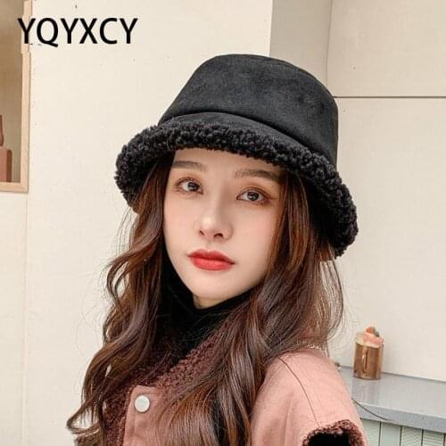 YQYXCY Bucket Hat Women Autumn Winter Hats Ladies Suede Thickened Warm Fisherman Cap Female Flat Top Vintage Casual Gorro Men