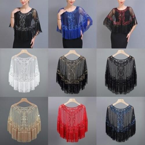 Women Net Yarn Dense Tassel Hem Shawl Latin Dancing Belly Dance Sequin Cape Stage Performance Party Club Show Costume