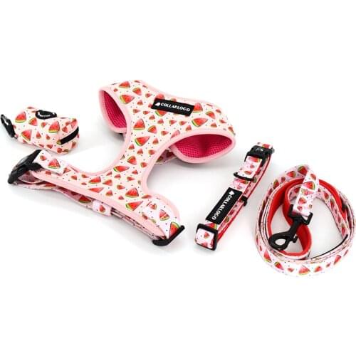 Adjustable Pet Dog Collar Durable Soft Cute Creative Colored Watermelon Design Leash Neoprene Harness With Poop Bag Dispenser