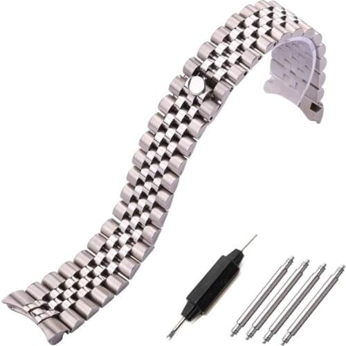 HENGRC 20mm Stainless Steel Watch Band Strap Curved End Silver Lady Fashion Link Bracelet Watchbands Watches Accessories