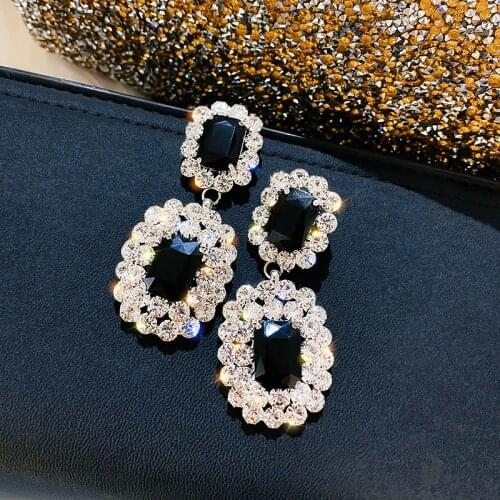 USTAR Black Crystal Drop Earrings for Women Full Rhinestone Geometric Drop Dangle Earrings statement Fashion Party Jewelry Gifts