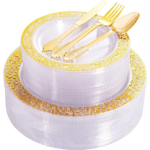 50pcs Disposable Tableware Transparent Golden Hollow Plastic Plate Golden Plastic Silverware Wedding Birthday Party Decorations