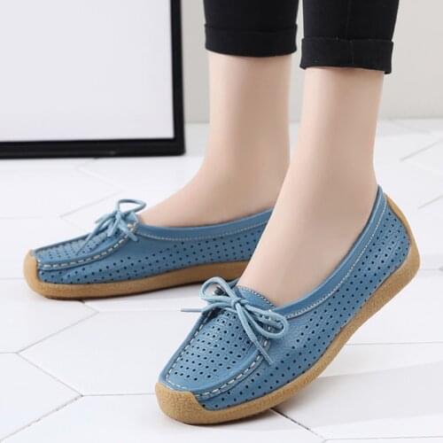 Women Flats Lace-Up Flat Shoes For Women Genuine Leather Womens Loafers Shoes Black Driving Shoes Hollow Ladies Ballet Flats