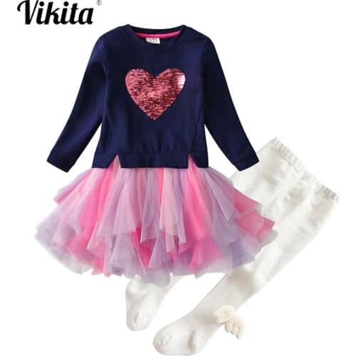 VIKITA Girls Clothes Outfits Kids Long Sleeve Sequins Birthday Party Prom Dress and Knitted Pants Suits Kids Autumn Clothes Sets