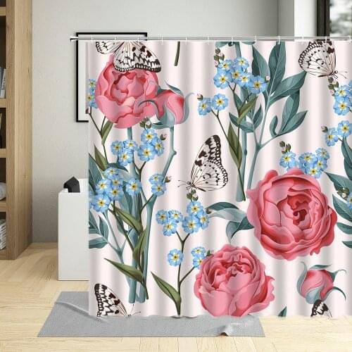 Colorful Floral Flowering Surrounded By Flowers Plant Printing Pattern Waterproof Large Bath For Home Use Shower Curtain With