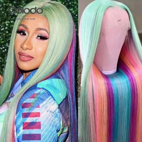 COLODO Green Pink Rainbow Straight Lace Front Wig Preplucked Brazilian Remy Purple Human Hair Wigs Glueless Transparent LaceWigs