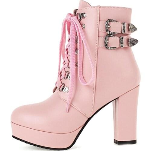 Lace Up Women Ankle Boots Platform High Heel Short Women Boots Buckle Red Pink Autumn Winter Sexy Ladies Party Shoes Large Size