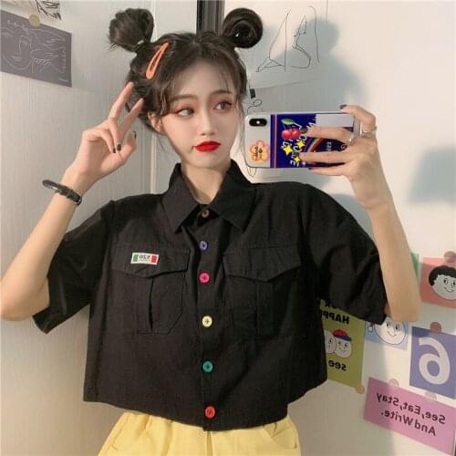 Woman Tshirts Hong Kong-style Short-sleeved Womens Summer Shirt Color Buttons High Waist Short Vintage Harajuku Dropshipping