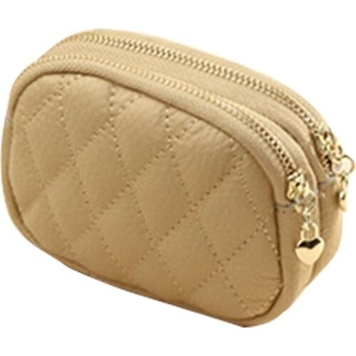 Women Faux Leather Small Wallet Double Zipper Diamond Embroidery Thread Coin Purse Bag Card Holder Clutch with Key Ring