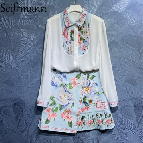 Seifrmann New 2021 Summer Women Fashion Runway Skirts Set Lantern Sleeve Loose Print Blouses + High Waist Patchwork Skirts Suits