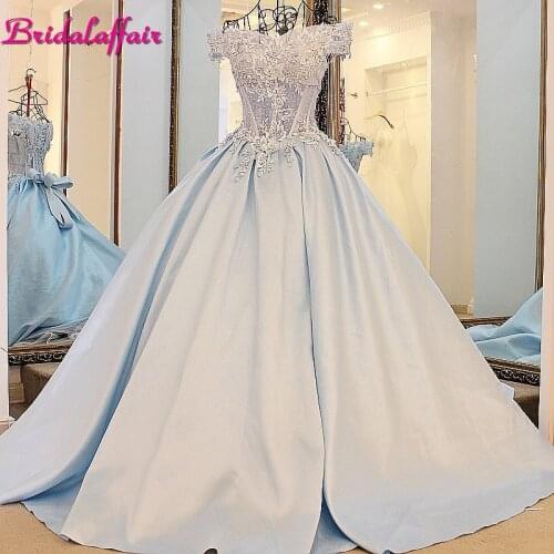 Bridal affairLuxury Real Photos Appliques Wedding Dress Satin V-neck Floor Length Baby Blue Dresses 2021 With Flowers