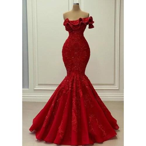 Red 2021 Mermaid Prom Dresses Strapless Lace Appliqued Beaded Crystal Vintage Women Plus Size Formal Evening Gowns