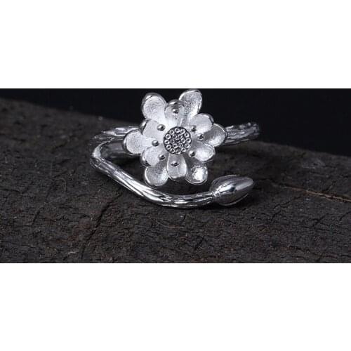 Lotus Flower 925 Sterling Silver Open Rings For Women High Quality Elegant Lady Simple fine Jewelry gifts