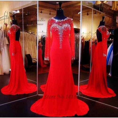 Vestido de Festa Longo Elegant Long Sleeve Red Evening Dress Backless Mermaid Prom Dresses 2016 Abendkleider Crystal Formal Gown