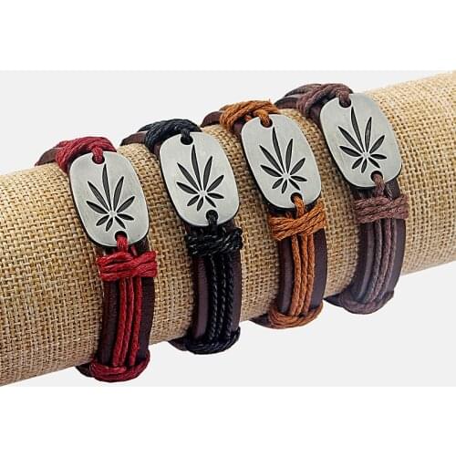 12pcs Mixed Colors Pot Leaf Weed Leaf Charm Bracelet Brown Leather Cord Adjustable Bangle Unisex Jewellery