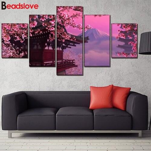 5 pcs Diamond Embroidery Cherry blossoms Landscape Handmade Diy Diamond Painting Cross Stitch puzzle full Square Round stones