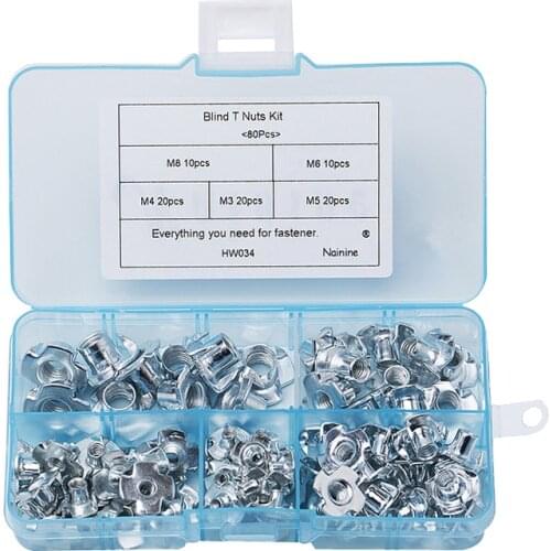 80Pcs/set M3 M4 M5 M6 M8 Zinc Plated Four Claws Nut Speaker Nut T-nut Blind Pronged Tee Nut Furniture Assortment Kit