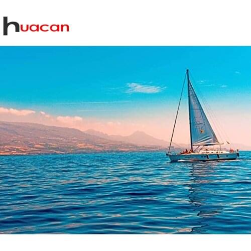 Huacan Diamond Painting Full Sea Scenery Mosaic Sailboat Embroidery Mountain Landscape Wall Stickers Home Decor