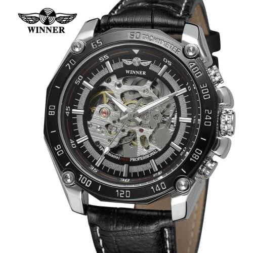 WINNER Men Skeleton Mechanical Watch Fashion Casual Leather Automatic Clock Sport Business Wristwatch Relogio Masculino