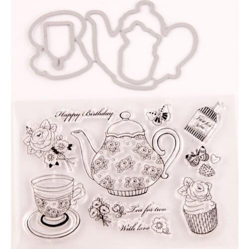 Teapot Teacup Cake Flower Stamp and Dies Transparent Clear Silicone Stamp Cutting Die Set for DIY Scrapbooking Photo Decorative