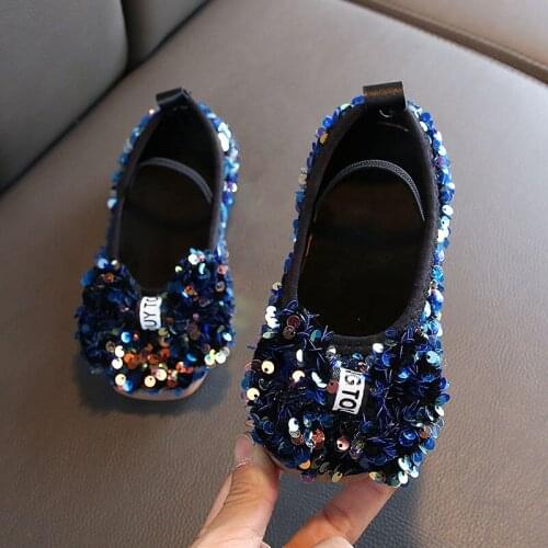 2021 Princess Kids Leather Shoes for Girls Flower Casual Glitter Children High Heel Girls Shoes Butterfly Knot Blue Pink Silver