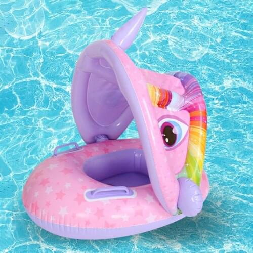 Baby Swimming Pool Summer Water Fun Inflatable Floating Ring Beach Kids Safe With Armrests Sun Protection Canopy Pool Accessory