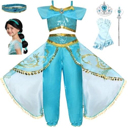 Girls Aladdin Jasmine Dress Up Set Kids Sequined Flower Printed Arabian Princess Costume Halloween Christmas Party Cosplay Fancy