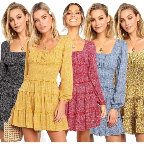 Elegant Fashion Square Collar Floral Mini Dress Women A-Line New Autumn Spring Office Lady Long Sleeve Lace Frill Flared Dress