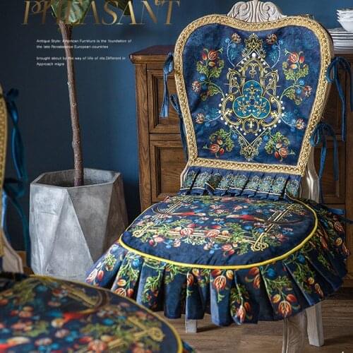 Retro Chair Cover Cushion European Printed Lace Up Velvet Non Slip Home Chair Cushion Backrest Restaurant Dining Chair Cover