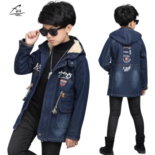 FYH Kids Clothes Winter Boys Hooded Warm Denim Coat School Children Casual Outwear Big Boys Thicken Fleece Velvet Jean Jackets