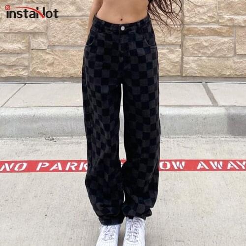 InstaHot Women Plaid Print Straight Casual Pants Sexy Club Streetwear Trousers Vintage 2021 Summer Zipper High Waist Black Pants