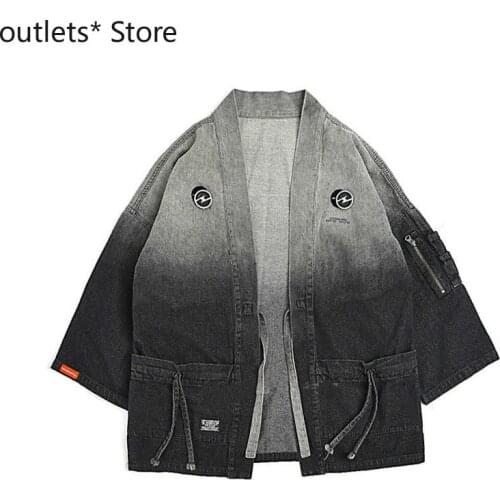 Man Japanese Style Kimono Coat Retro Gradient Denim Print Haori Male Fashion Tooling Black Streetwear Cardigan Autumn Jacket