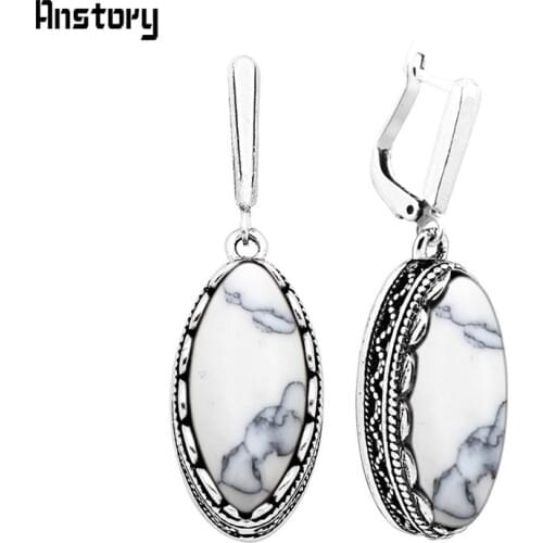5 Colors Eye Shape Synthetic Turquoises Earrings For Women Vintage Antique Silver Plated Wedding Party Fashion Jewelry TE151