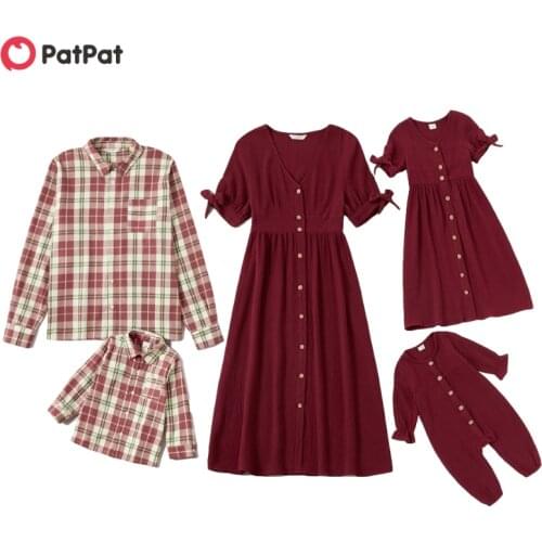 PatPat New Mosaic 100% Cotton Festive Series Family Matching Sets（V-neck Red Dresses - Rompers - Plaid Button Front Shirts)
